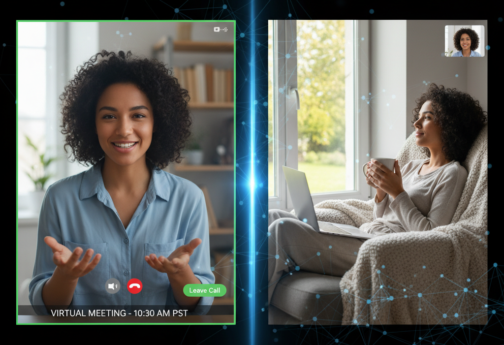 A split-screen visual showing someone on a video call on one side, relaxed but professional setting on the other. Reinforces the virtual aspect.